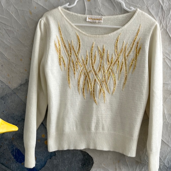 Vintage Vivanti Sweater White Sweater w/Gold 12 - Picture 1 of 6